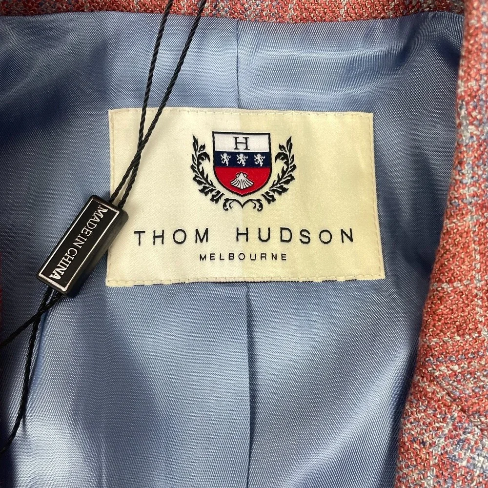 Thom Hudson Blazer Sport Coat Mens 42R Raspberry Plaid Wool Silk Notch Lapel